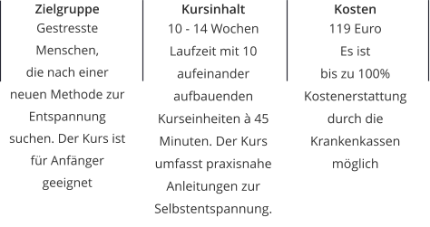 Zielgruppe Gestresste Menschen, die nach einer neuen Methode zur Entspannung suchen. Der Kurs ist für Anfänger geeignet Kursinhalt 10 - 14 Wochen Laufzeit mit 10 aufeinander aufbauenden Kurseinheiten à 45 Minuten. Der Kurs umfasst praxisnahe Anleitungen zur Selbstentspannung. Kosten 119 Euro  Es ist  bis zu 100% Kostenerstattung durch die Krankenkassen möglich
