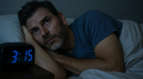 Mann liegt nachts wach im Bett und schaut nachdenklich an die Decke